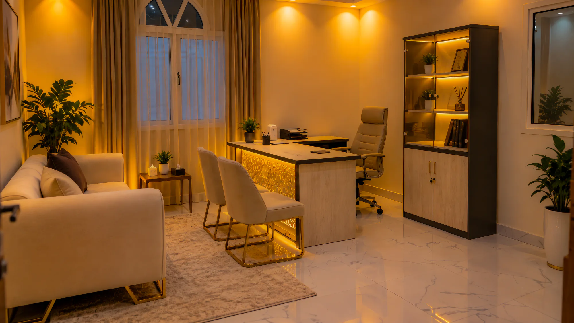 A private consultation room at Hiraal Elite, with a desk and seating