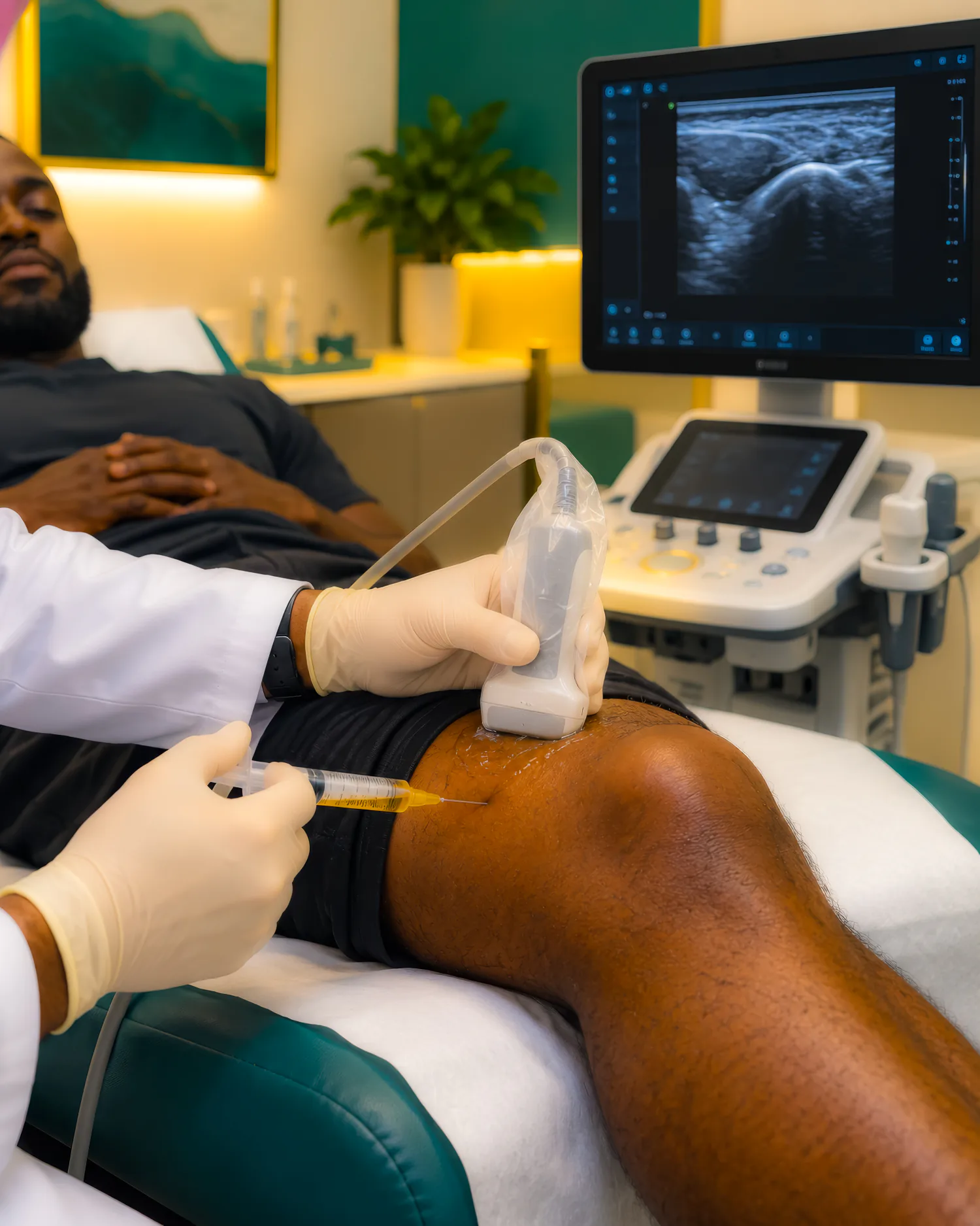 A knee treatment at Hiraal Elite: a clinician holds an ultrasound probe against the knee while giving an injection, with the live scan on the screen beside them