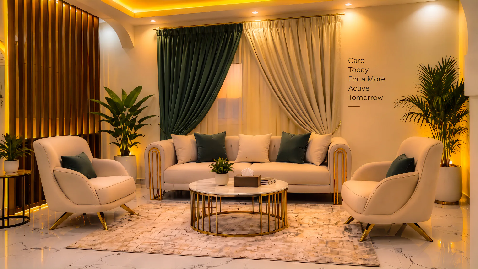 The patient lounge at Hiraal Elite, with sofas and warm lighting