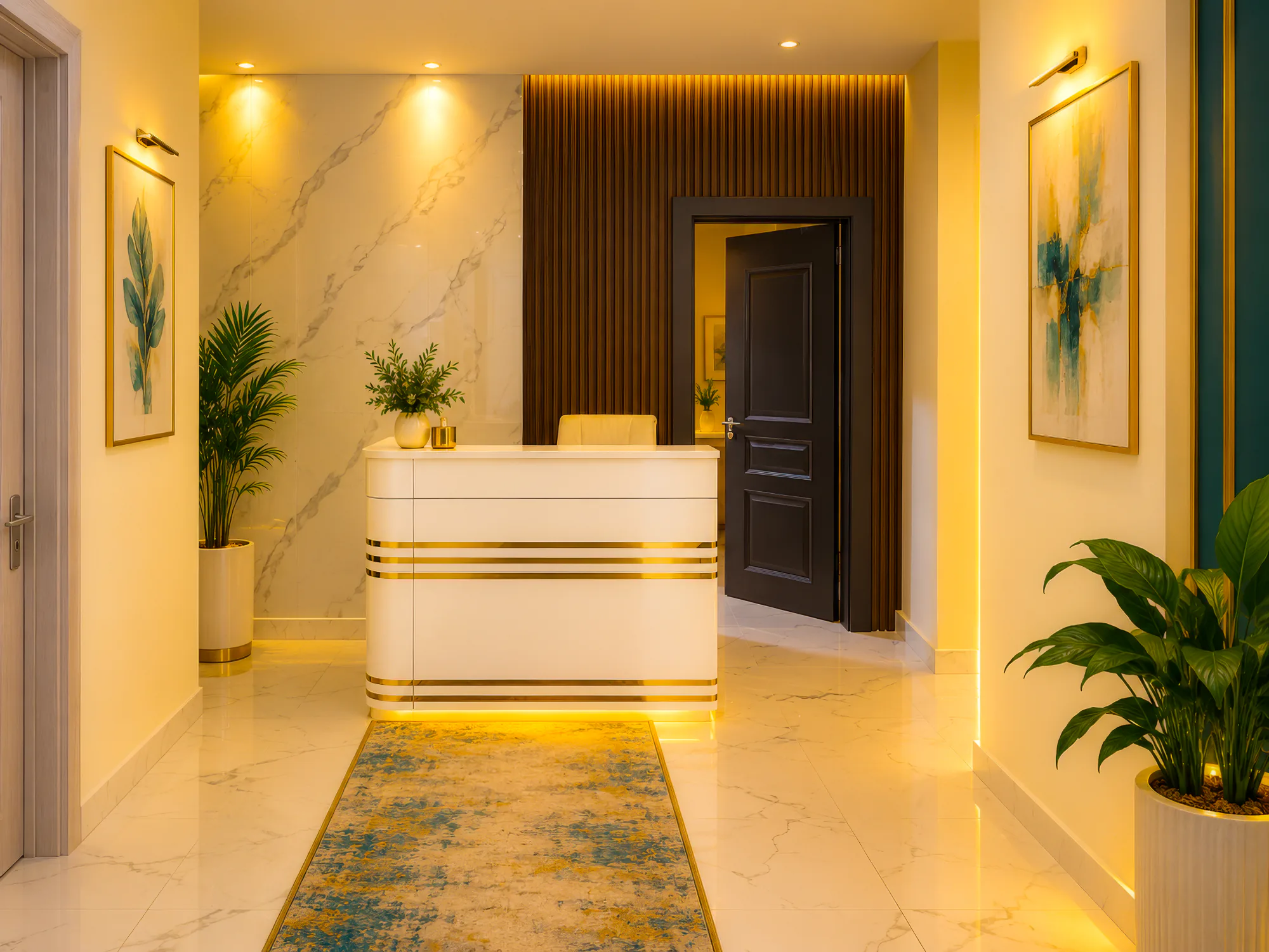 The reception at Hiraal Elite in Hargeisa — marble, warm light and plants