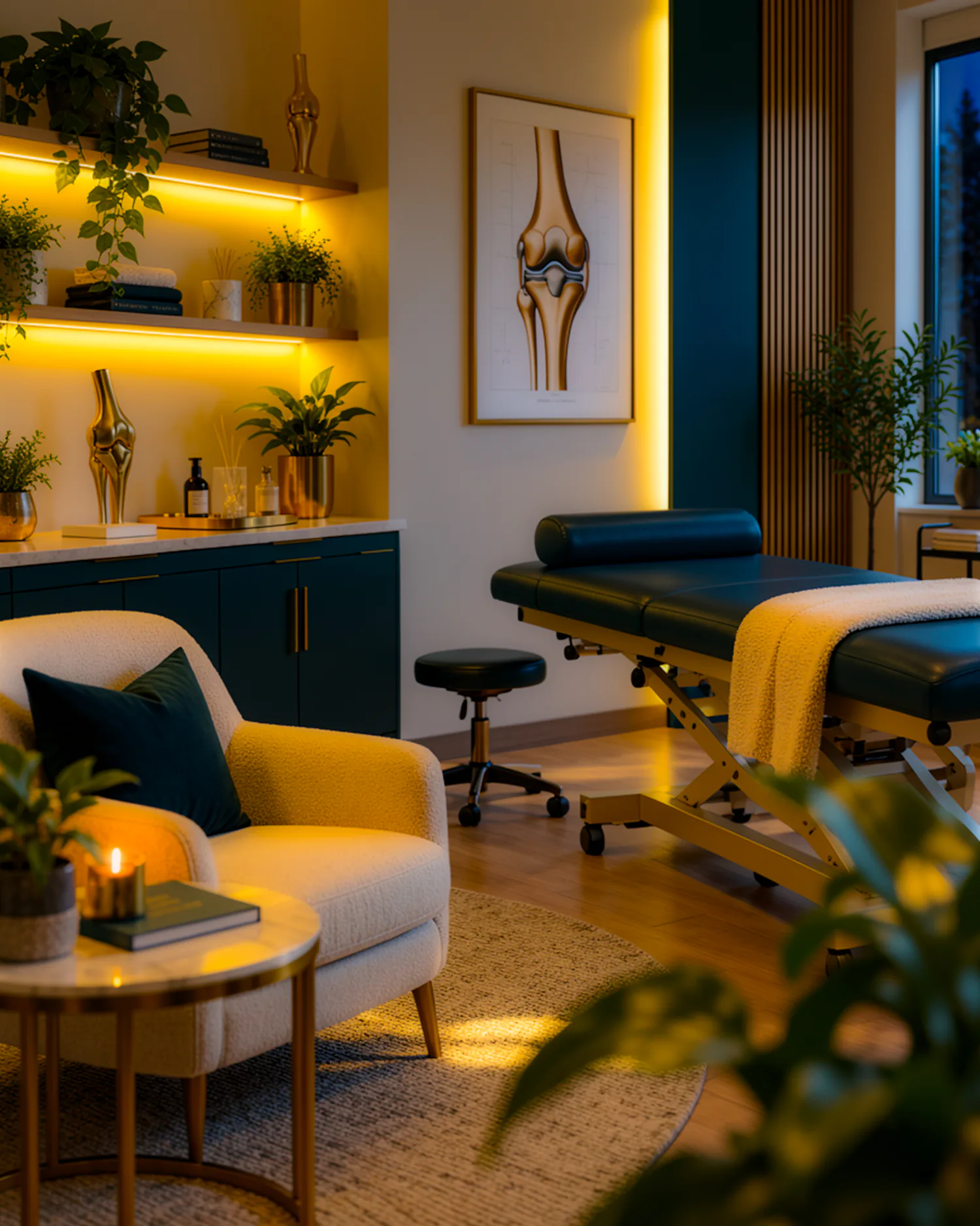 A treatment room at Hiraal Elite, with the treatment bed and clinical chair