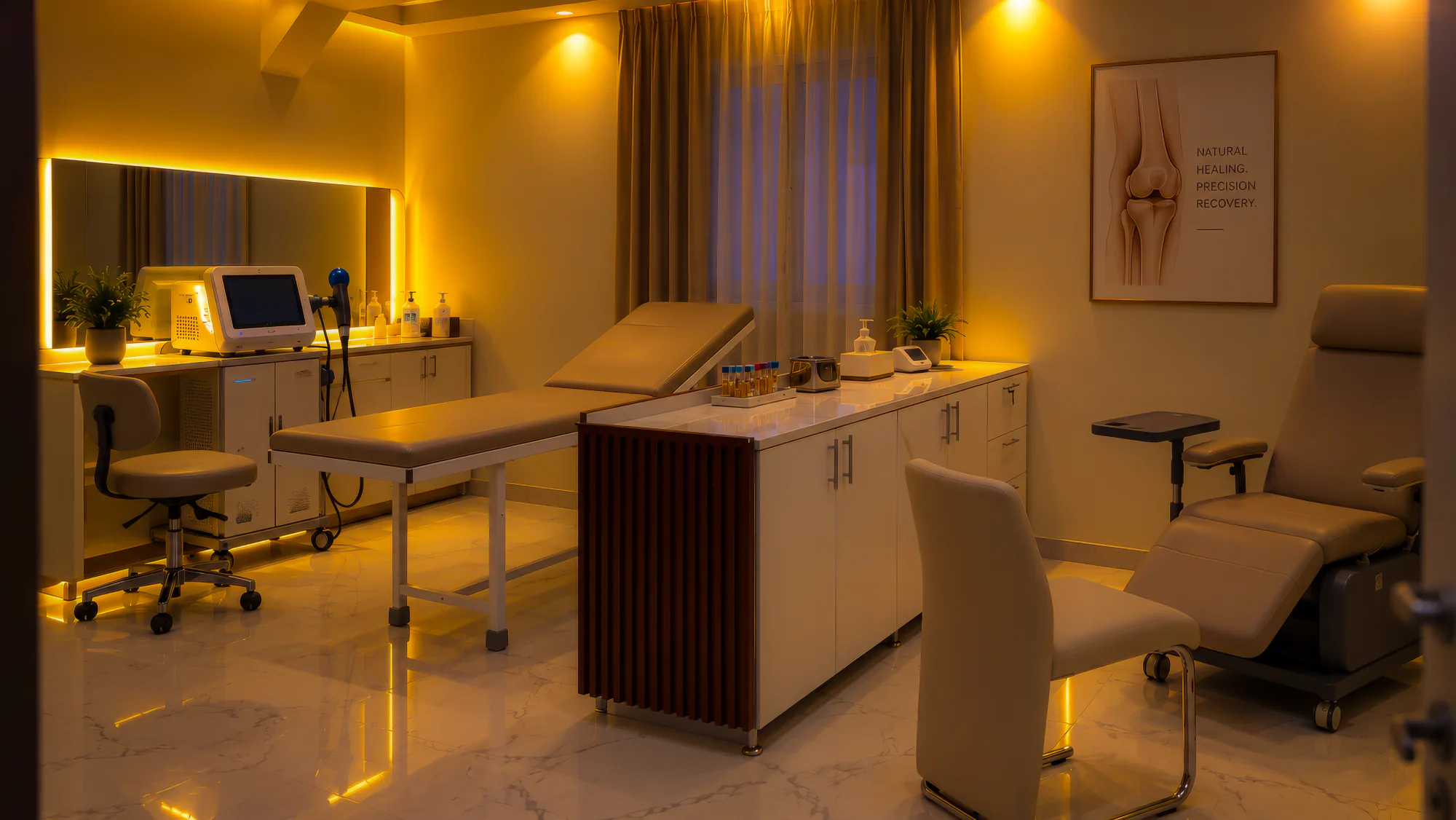 The treatment suite at Hiraal Elite, with the clinical equipment in place
