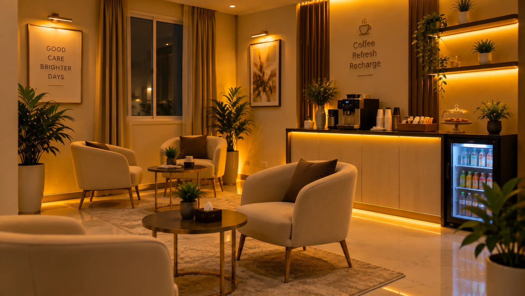 The refreshment area at Hiraal Elite, with seating, coffee and water