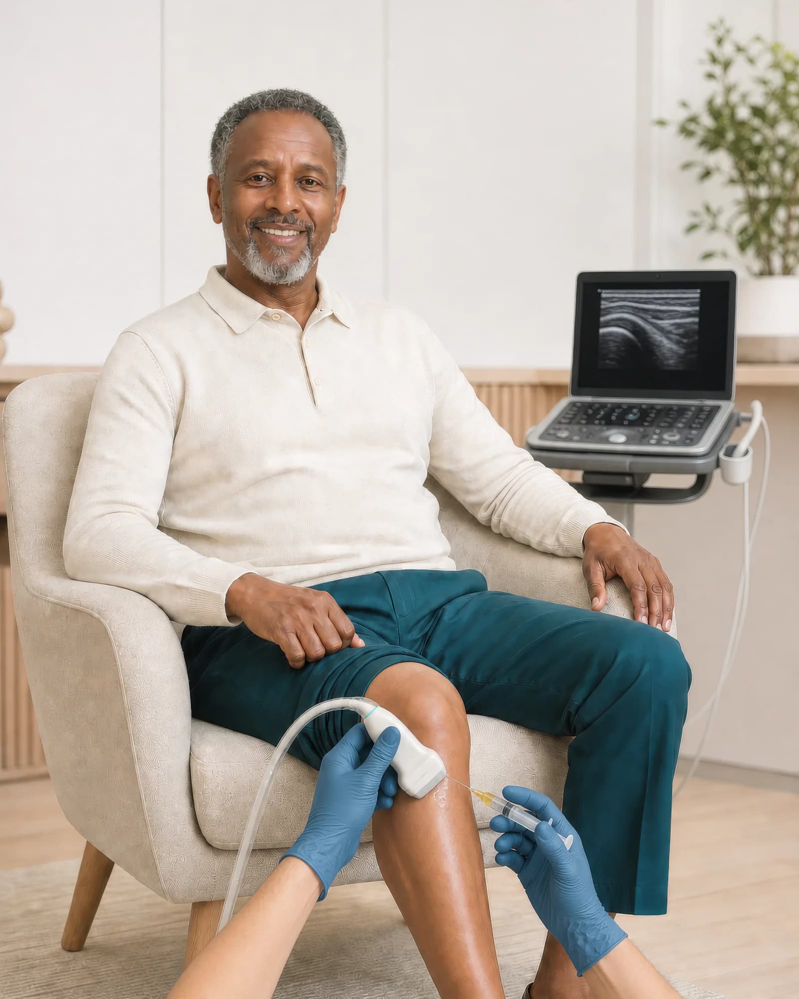 An ultrasound-guided knee injection: a seated patient, with the scan on the screen beside him