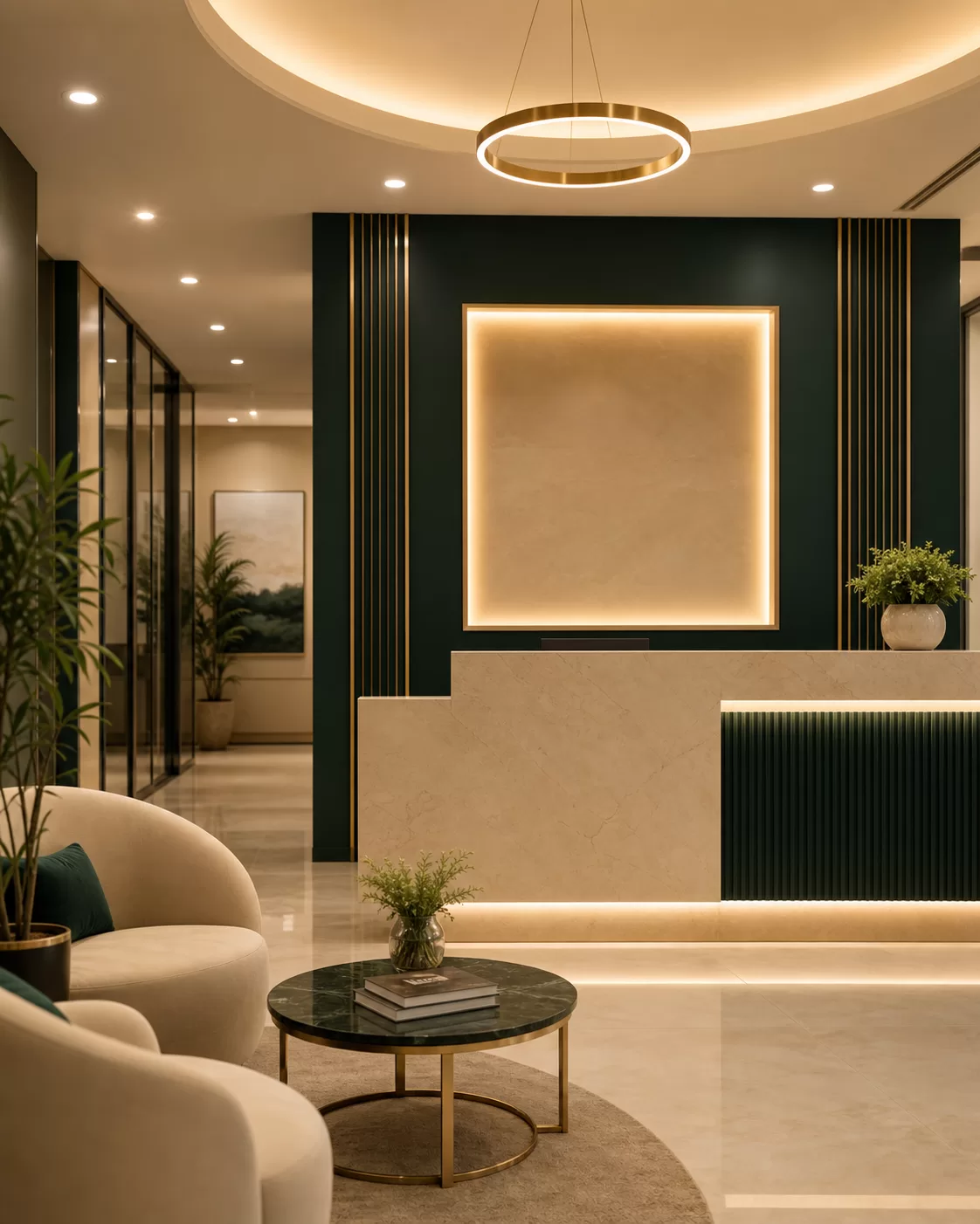 Premium Hiraal Elite clinic reception with dark green and cream interior