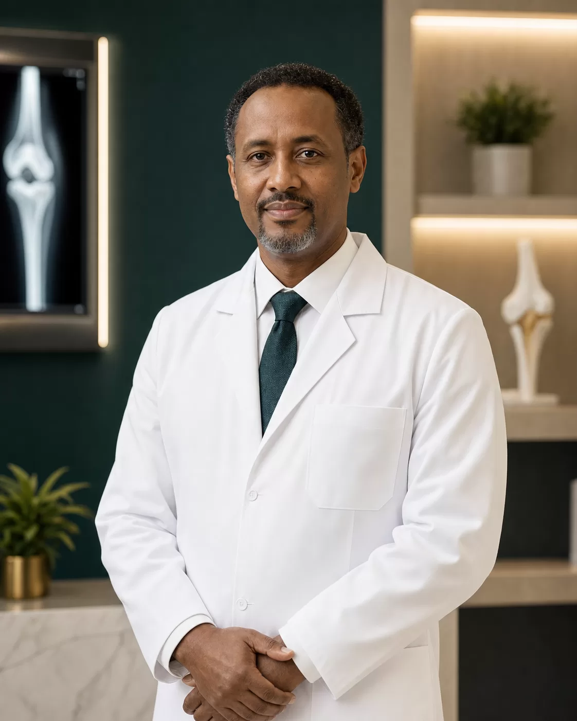Somali orthopedic surgeon in a white coat at Hiraal Elite
