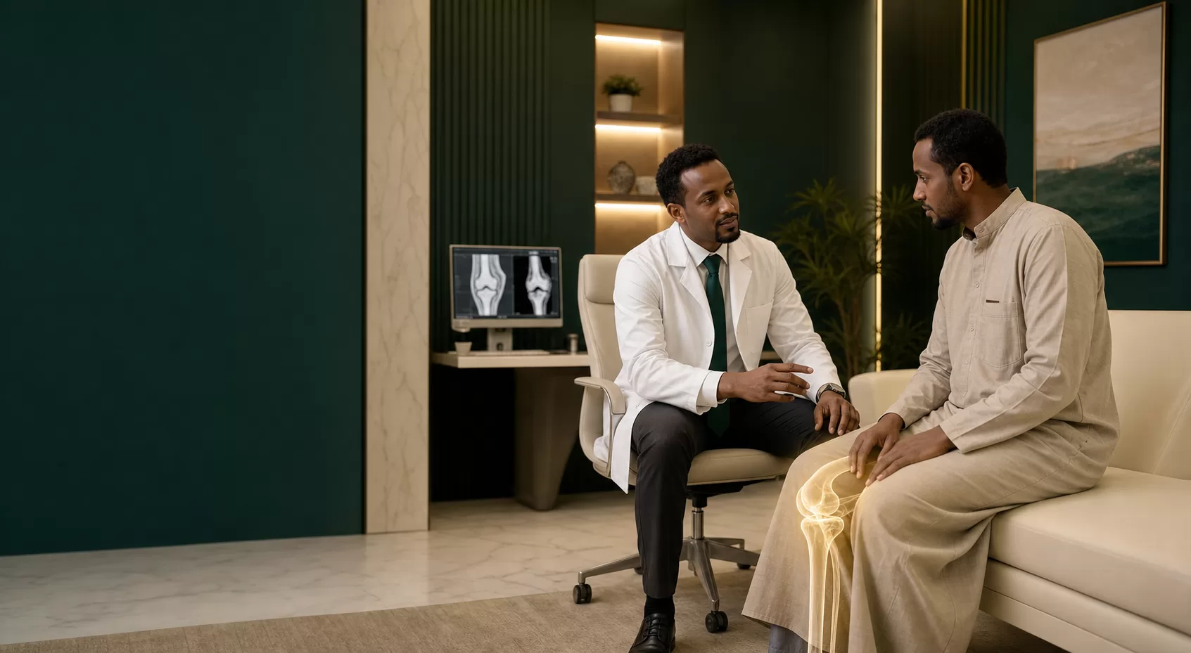 Somali orthopedic doctor consulting a patient at Hiraal Elite